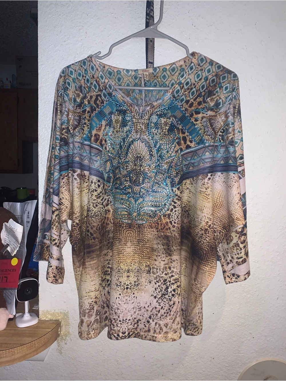 ONE WORLD Teal and Brown Embellished Animal-Print Tunic